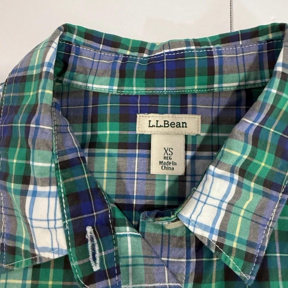 LL Bean Green Blue‎ Plaid Cotton Poplin Button Up Shirt Size XS
